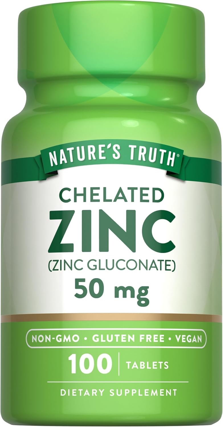 ature's Truth Chelated Zinc 50mg | 100 Tablets | Essential Mineral Supplement | from Zinc Gluconate | Vegan, Non-GMO & Gluten Free