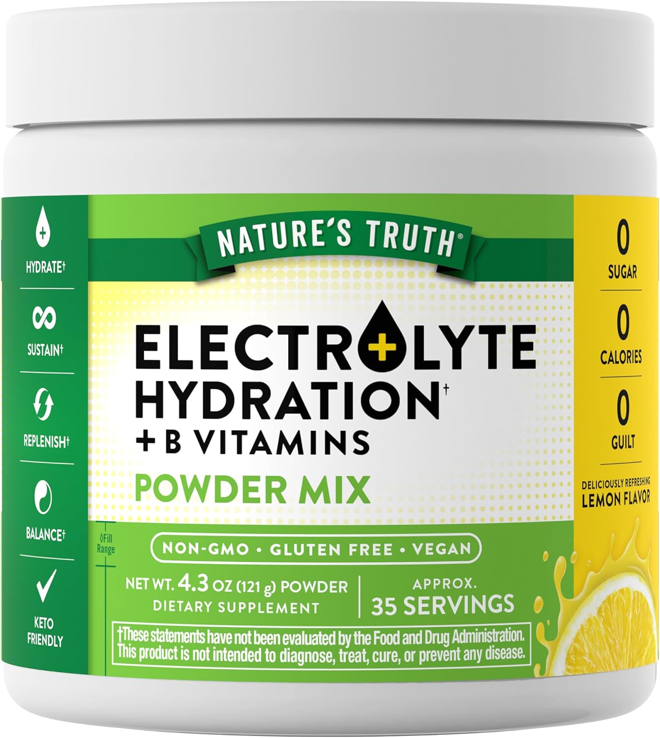 Nature's Truth Electrolytes Powder | No Sugar | with B Vitamins | Refreshing Lemon Flavor | Vegan, Non-GMO & Gluten Free Supplement for Hydration — image 1